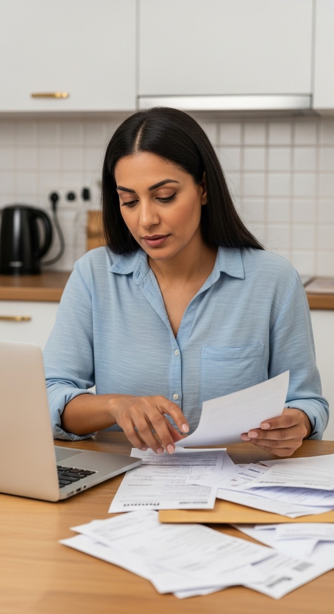 woman sorting through bills and rental expenses at a kitchen table with a laptop
