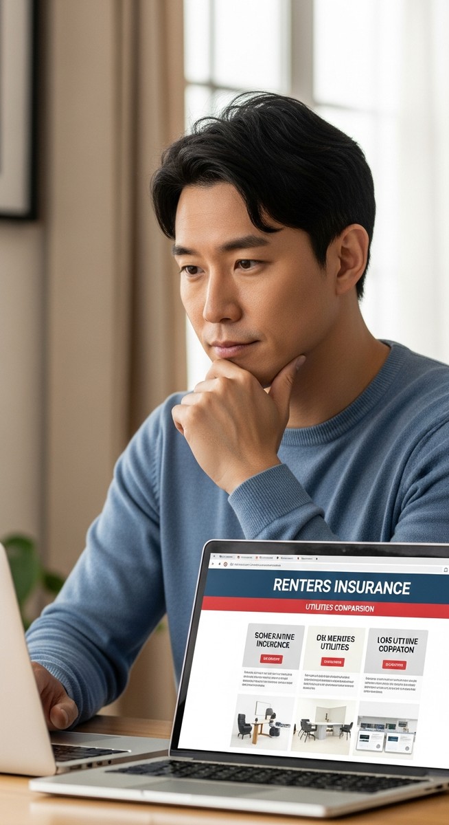 man reviewing a renters insurance comparison site on a laptop at a home desk