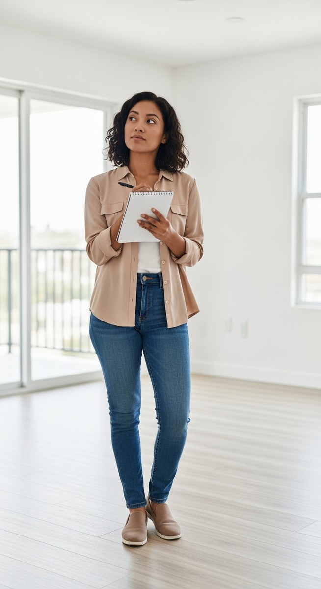 woman holding a notepad and looking around an unfurnished apartment