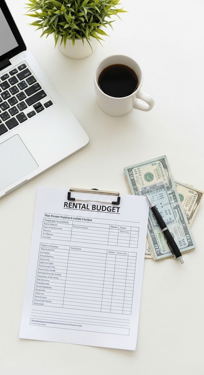 flatlay of a laptop, a rental budget sheet, a pen, bills and a coffee mug on a kitchen table