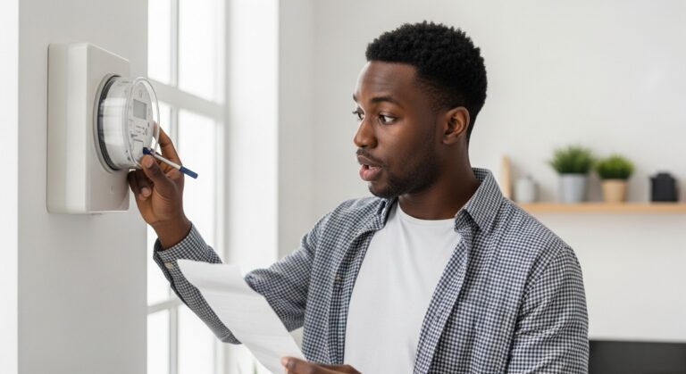 young man checking a utility bill in a bright apartment