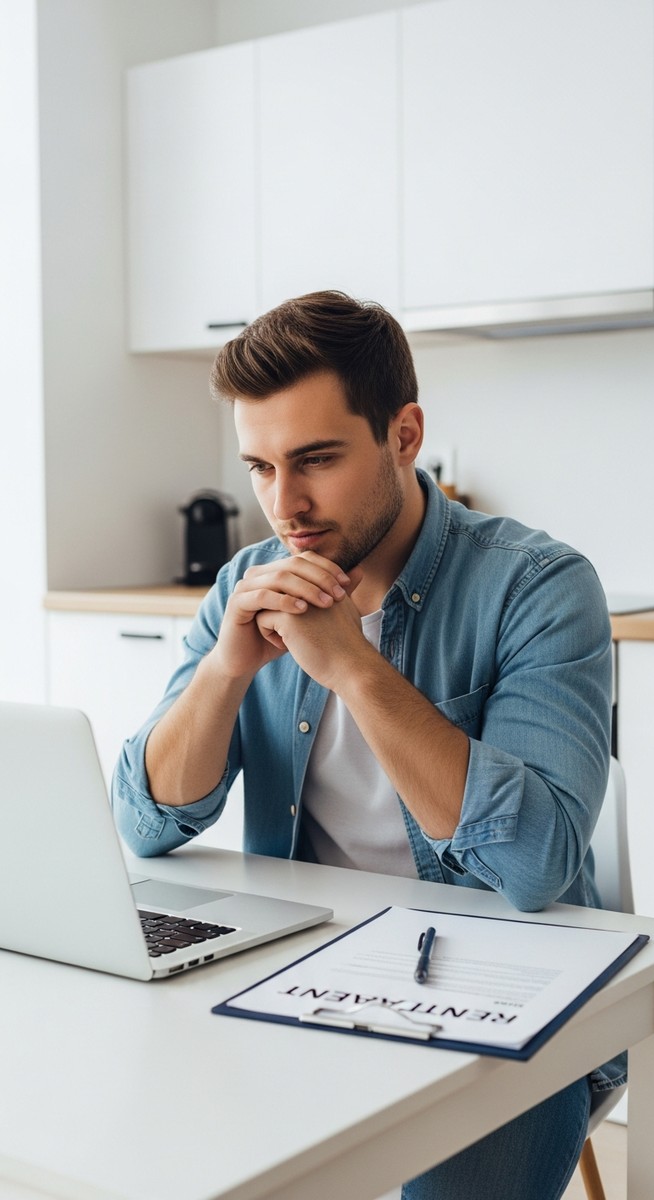 young man reviewing a rental agreement on a laptop at a kitchen table in an apartment