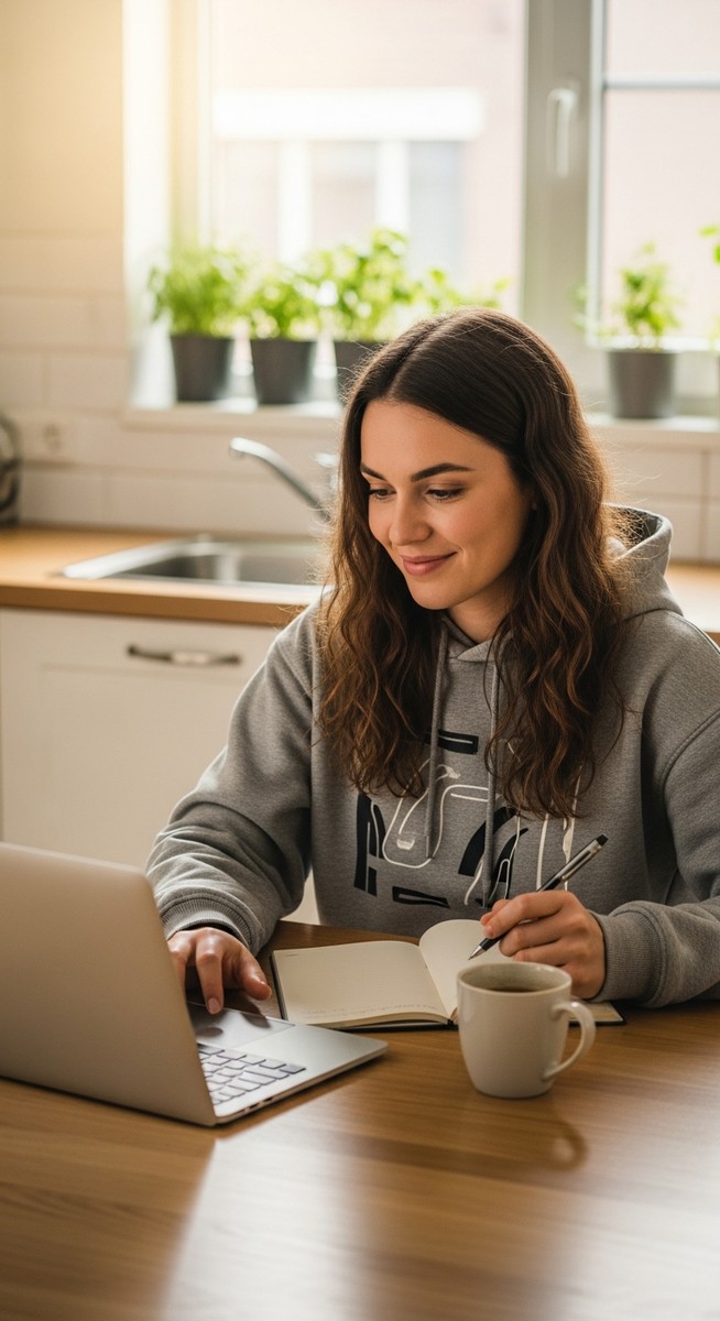 a young woman taking notes next to her laptop at a kitchen table for blogging