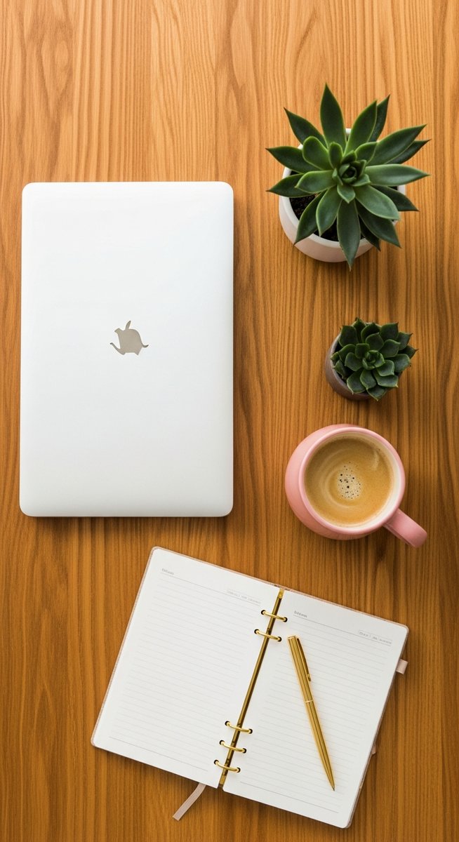 a flatlay of a planner, laptop, and succulent on a wooden surface for blogging