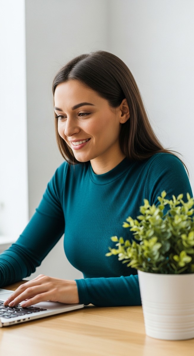 woman looking satisfied at her laptop screen at home