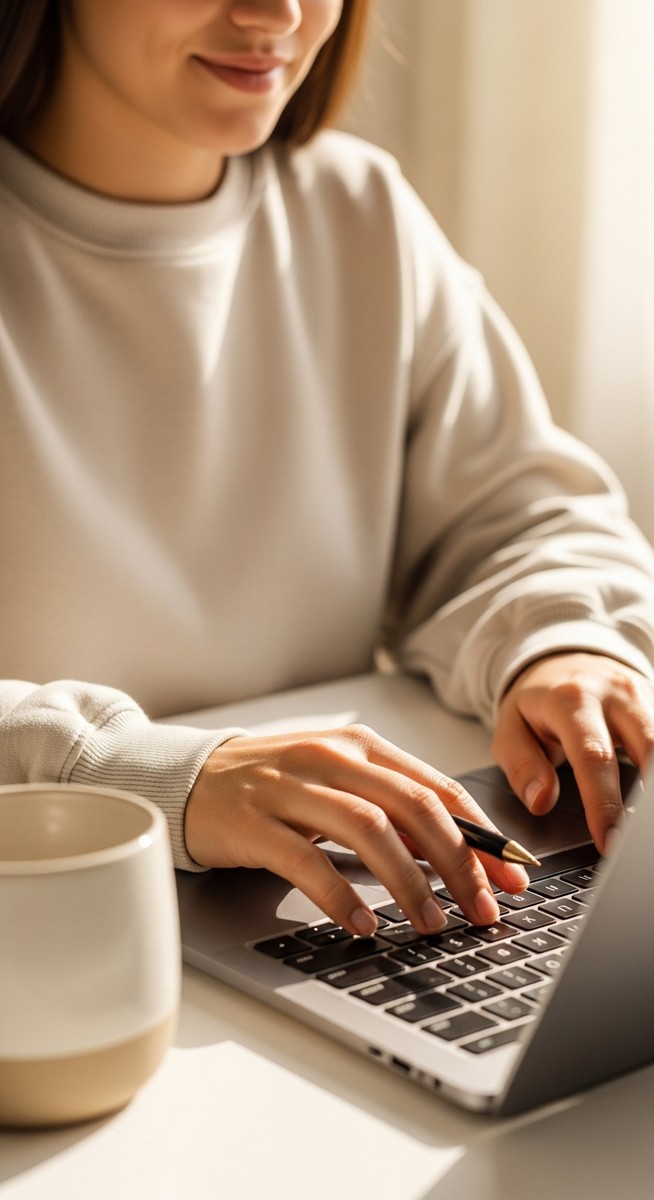 a woman typing on a laptop at a bright clean desk for blogging