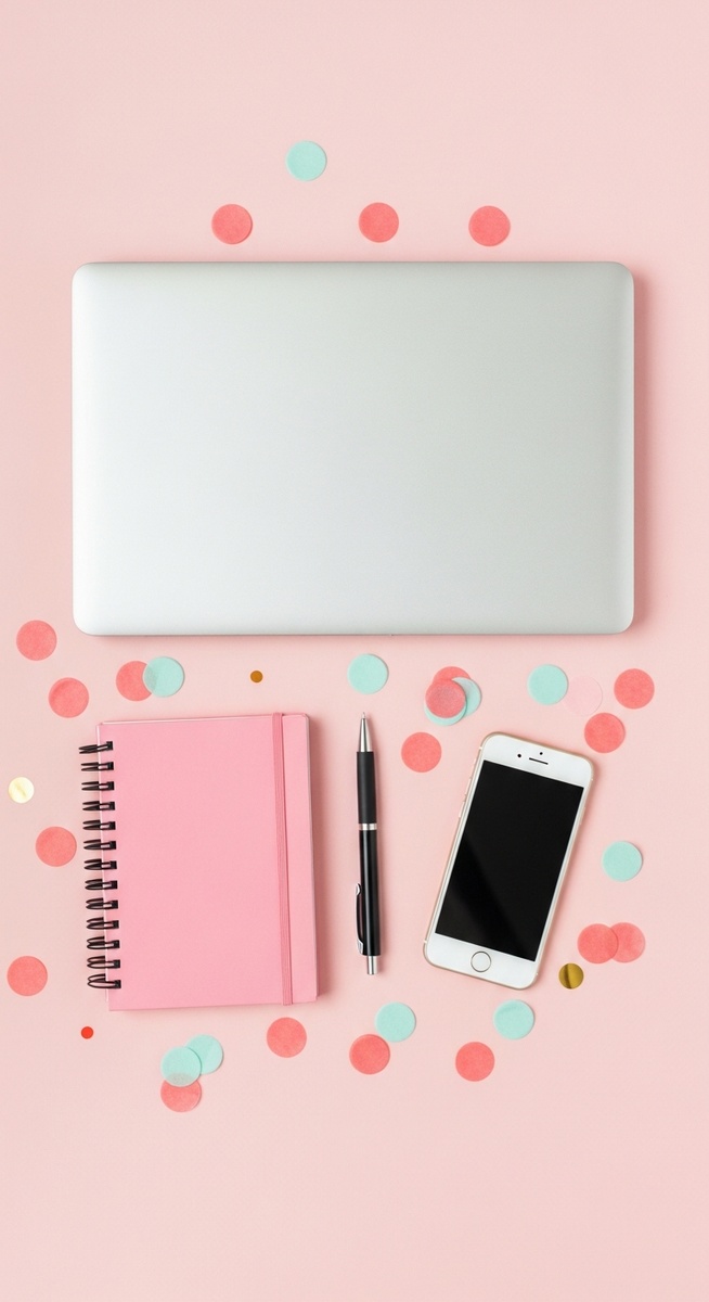 pink flatlay with laptop, notebook, and phone