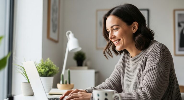 a woman working confidently on her laptop at a bright home desk for blogging