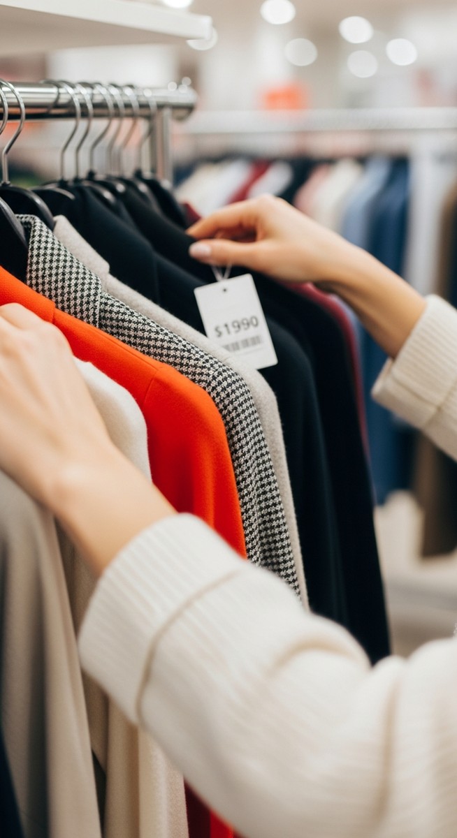 hands flicking through clothes on a sale rail with price tags visible