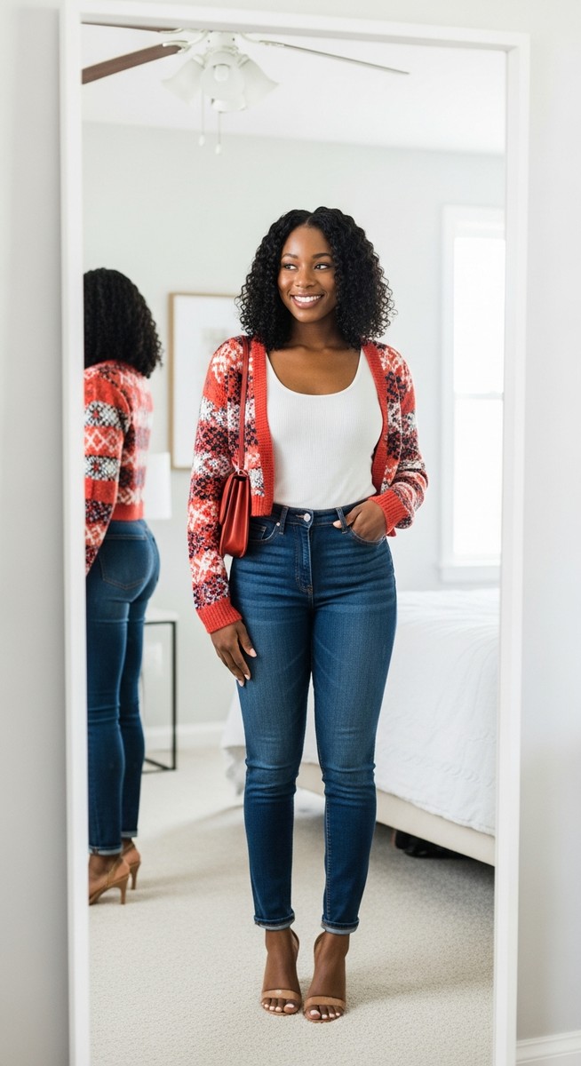 young woman in a stylish affordable outfit looking confident in front of a bedroom mirror