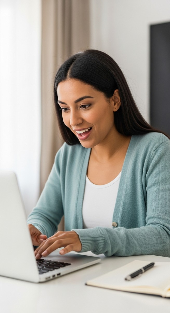 a woman browsing a fashion resale site on a laptop at a home desk for budgeting