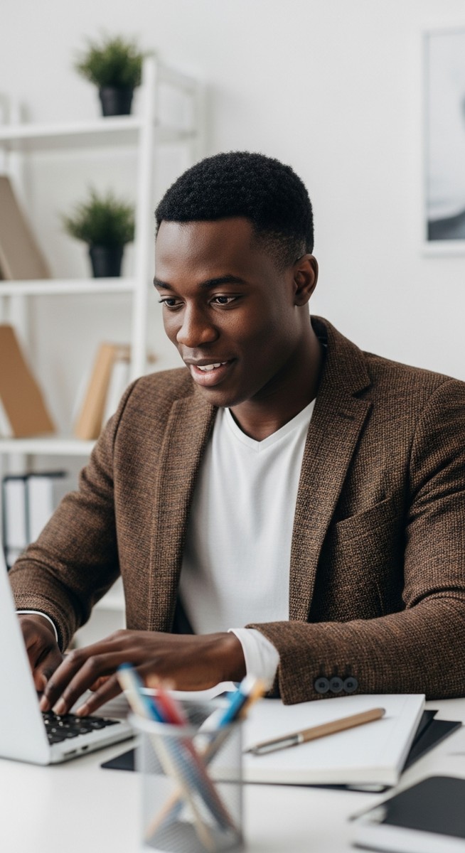 a young man browsing a budget fashion blog on a laptop at a home desk for budgeting