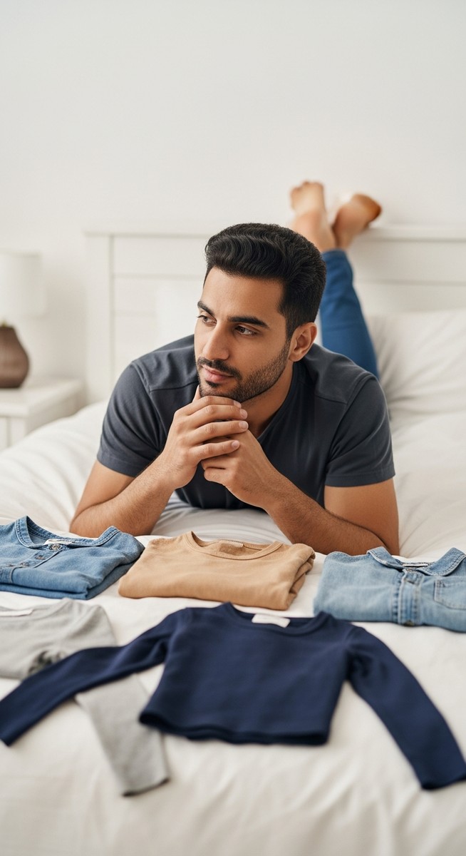 a man laying out outfit combinations on a bed and comparing them for budgeting