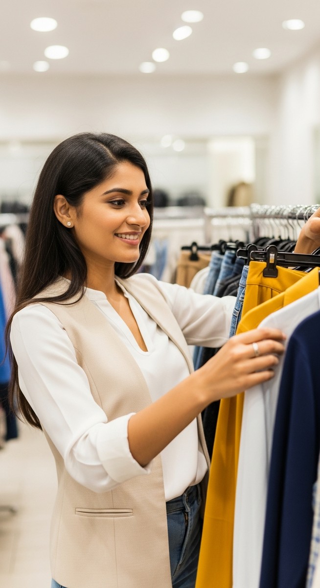 a young woman browsing a clearance clothing rail in a bright shop for budgeting