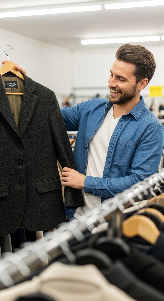 man holding up a well-cut jacket at a thrift shop looking satisfied