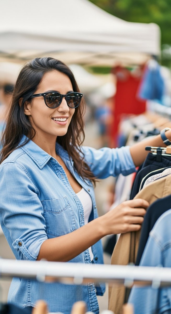 a woman browsing garments at an outdoor vintage clothing stall for budgeting