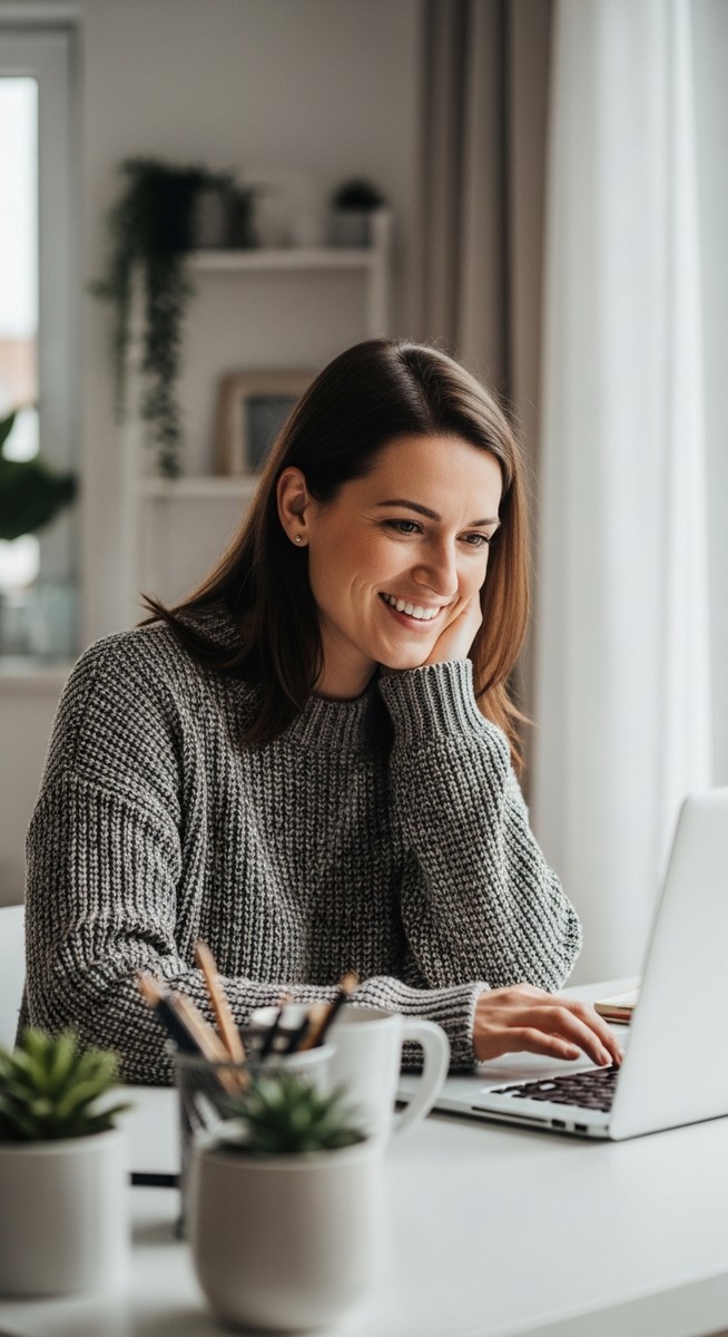 woman working confidently on her laptop at a bright home desk