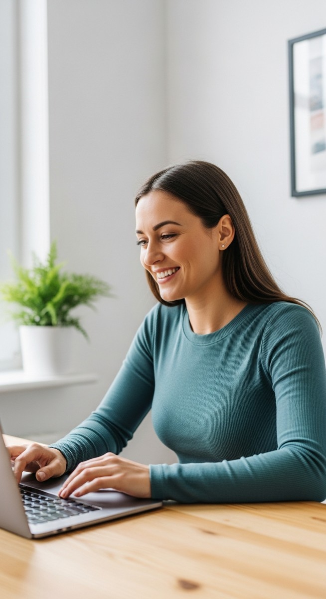 woman looking satisfied at her laptop screen at home