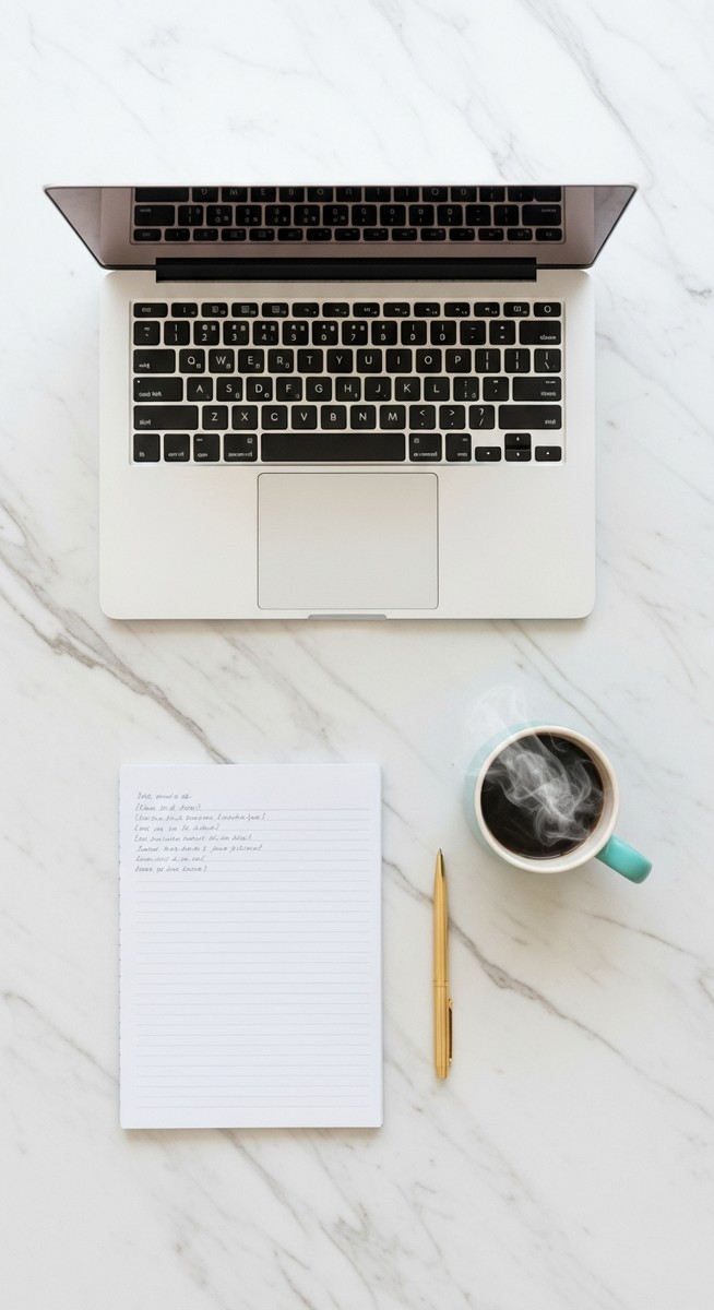 flatlay of a laptop and teal mug on a marble surface