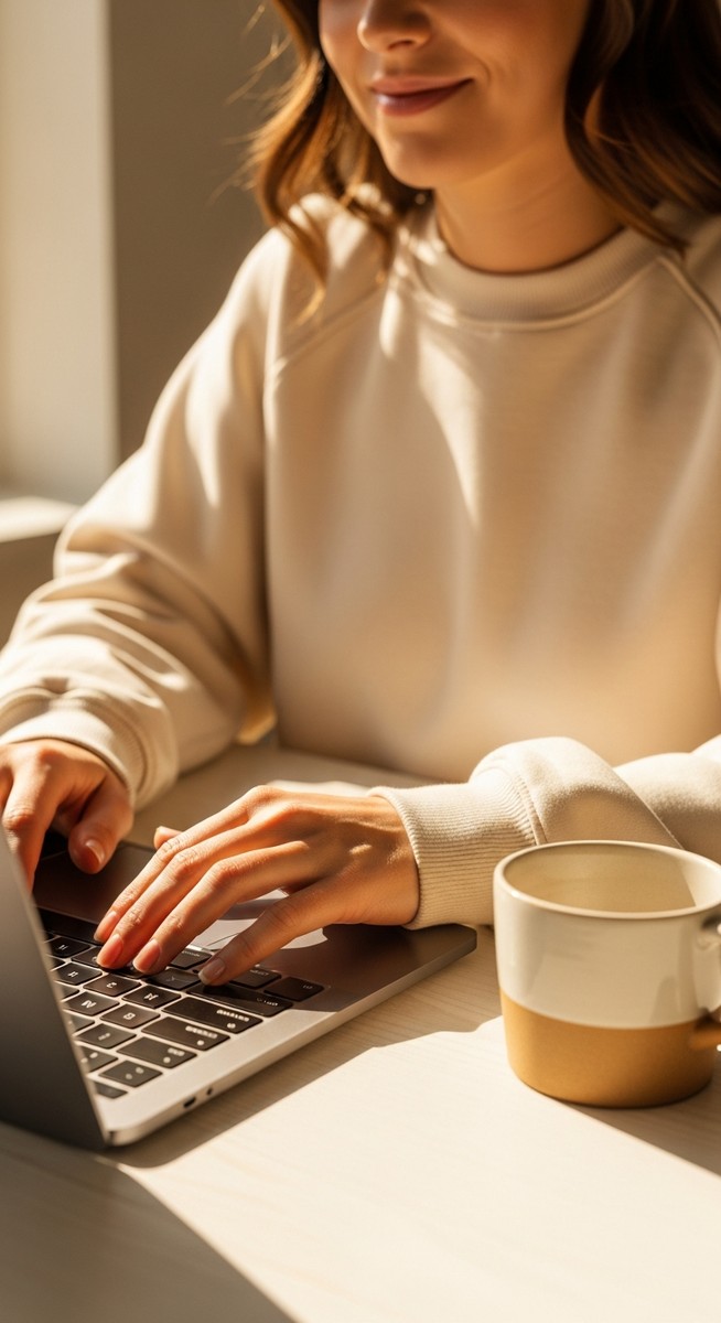 woman typing on a laptop at a bright clean desk