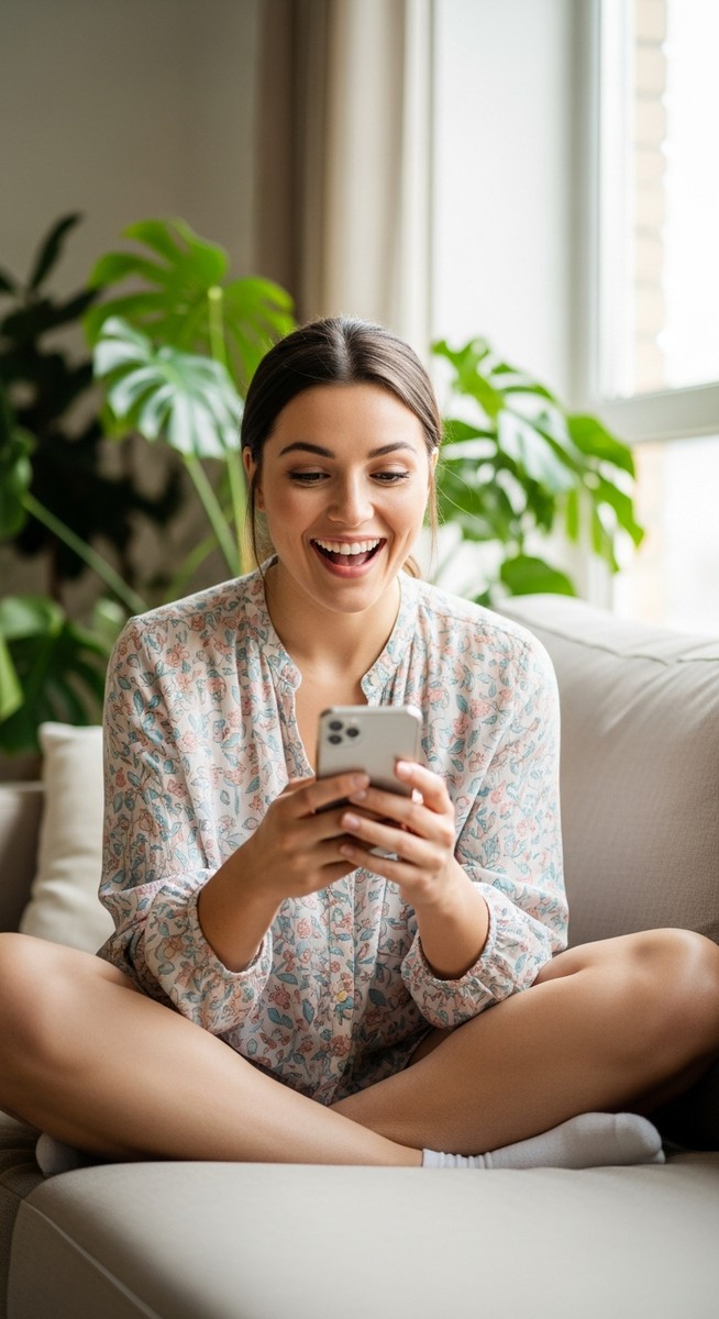 woman smiling at her phone in a bright living room