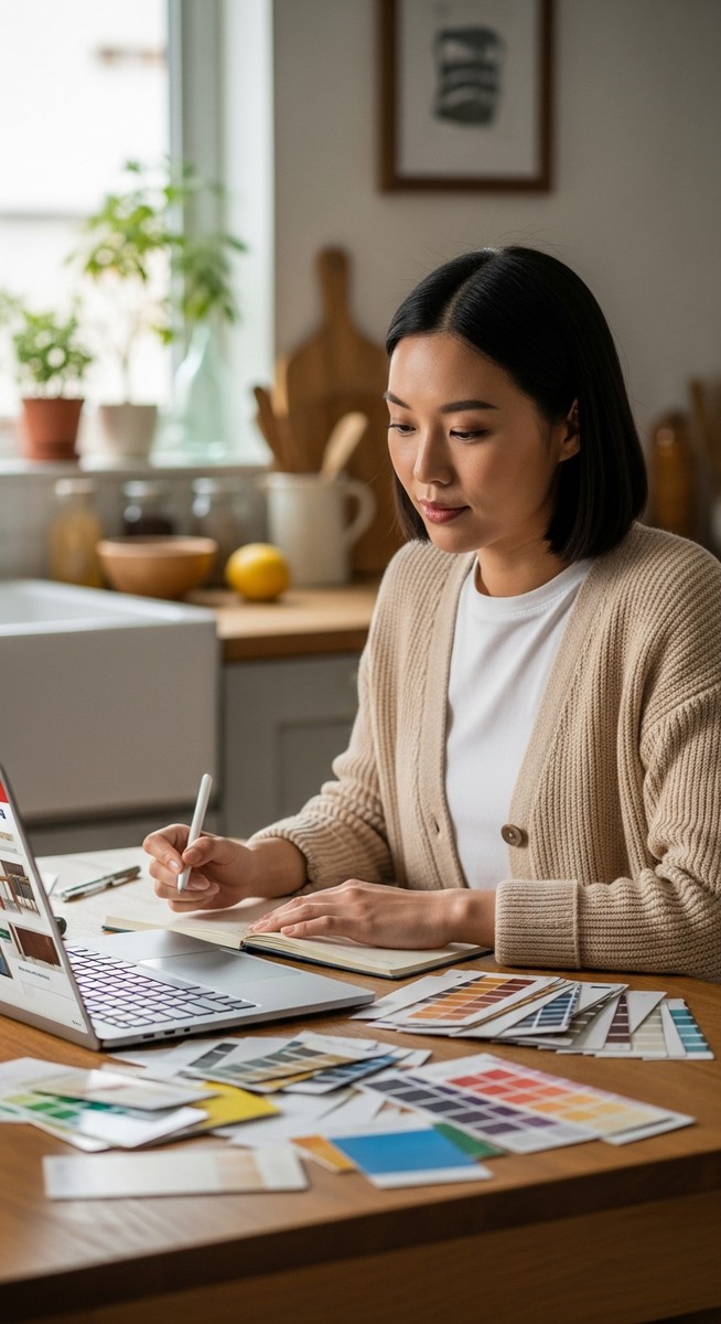 woman planning a furniture restoration project with paint swatches and a laptop at a kitchen table