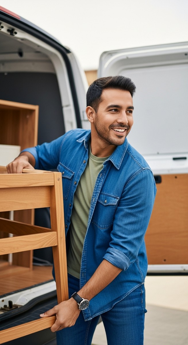 a man loading a piece of second-hand furniture into the back of a van for flipping items