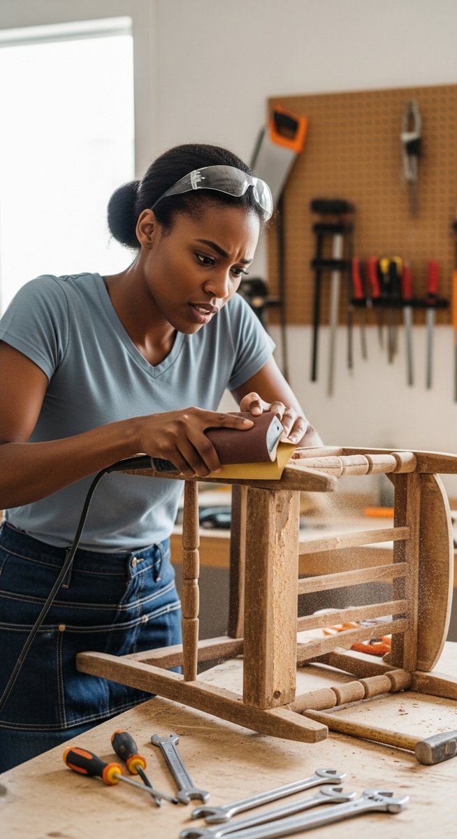 a woman sanding an old wooden chair in a garage workshop for flipping items