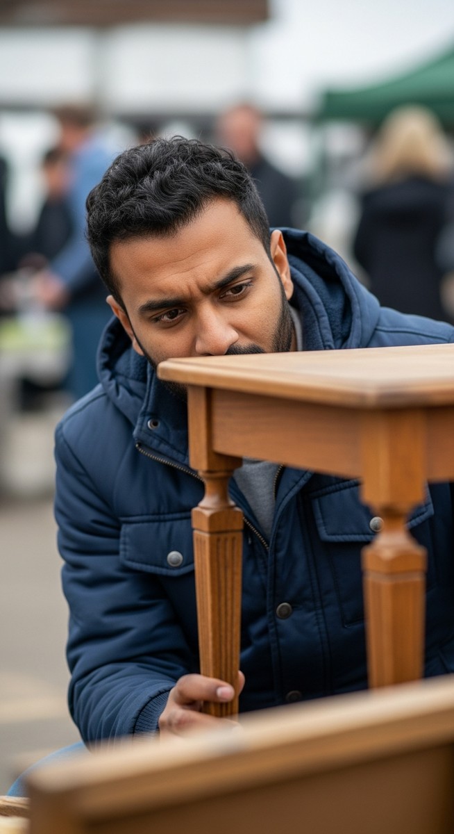 a man examining an old side table at a car boot sale with an appraising expression for flipping items