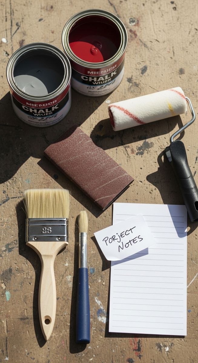 a flatlay of chalk paint tins, a paintbrush, sandpaper, a roller and project notes on a workshop surface for flipping items