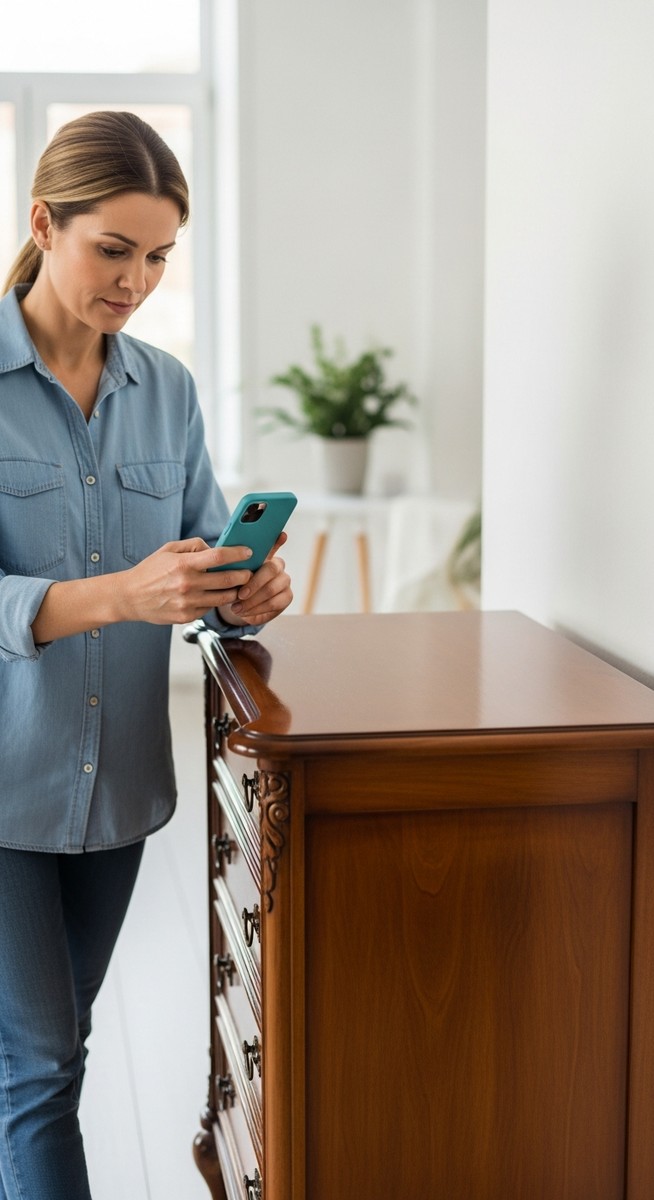 woman photographing a refurbished piece of furniture with her smartphone