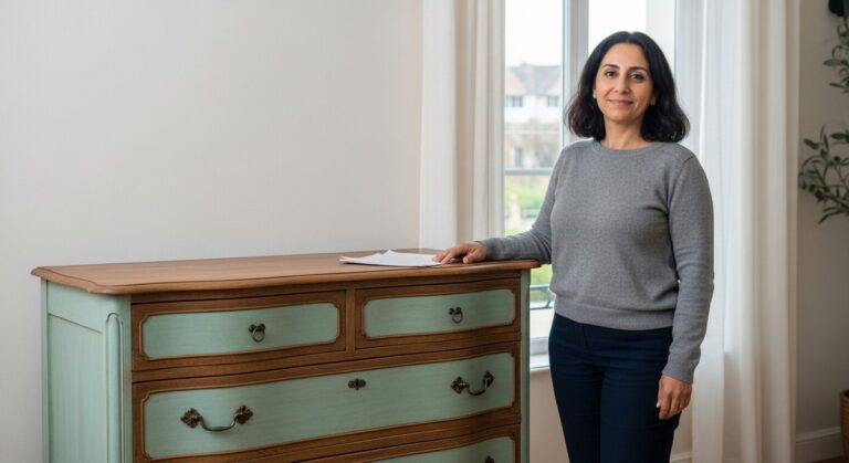 a woman standing proudly beside a beautifully restored vintage dresser for flipping items