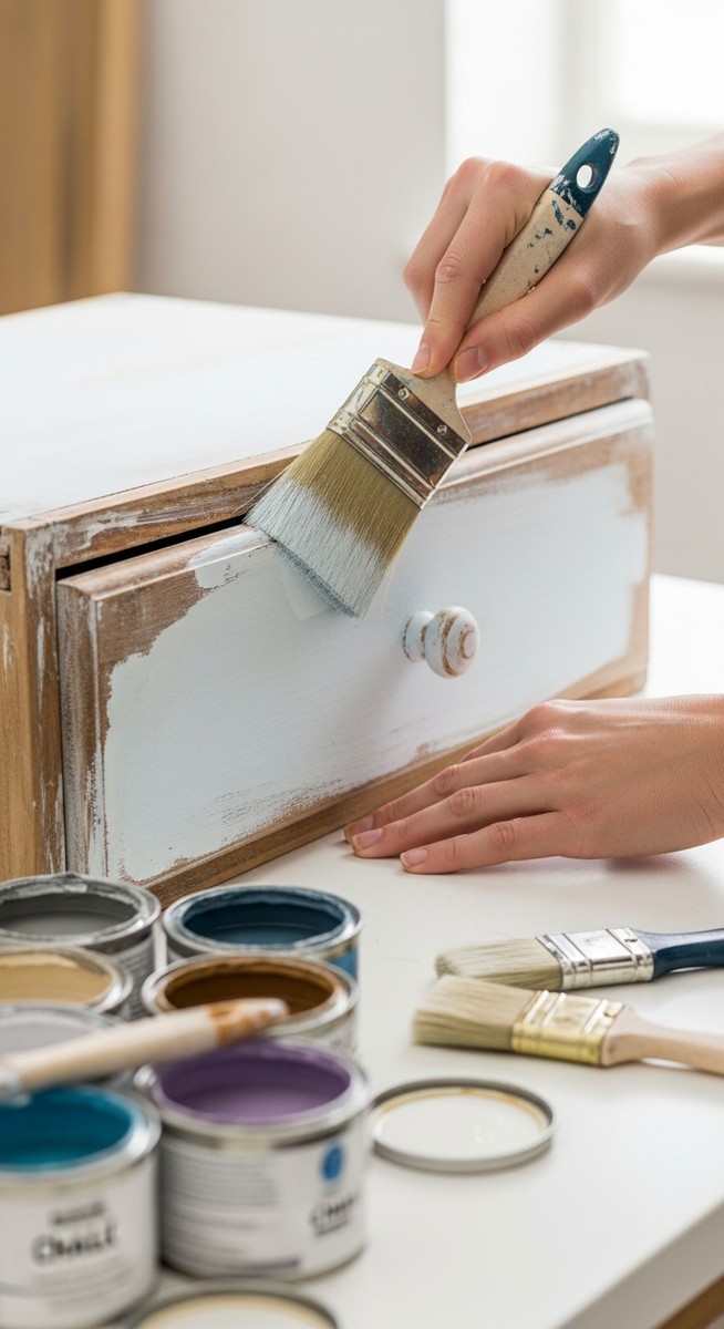 a hands applying chalk paint to an old wooden drawer with a brush for flipping items