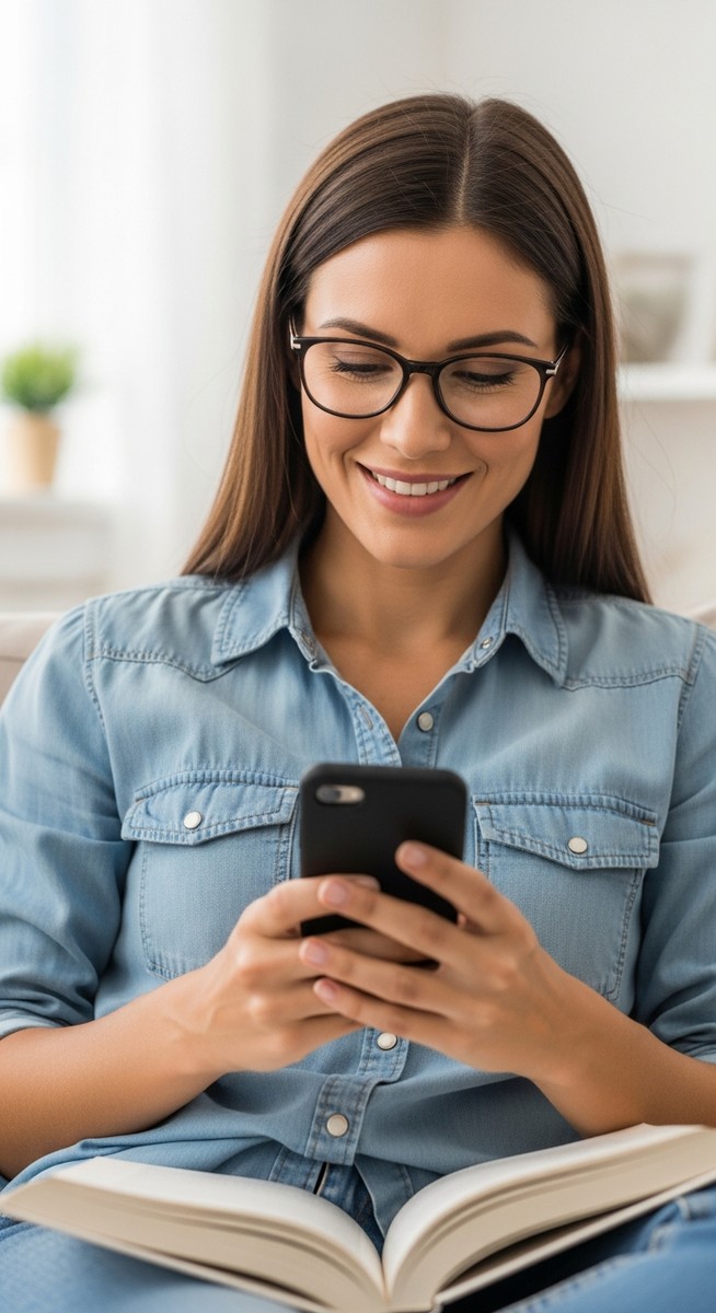 woman browsing on her phone with a book on her lap