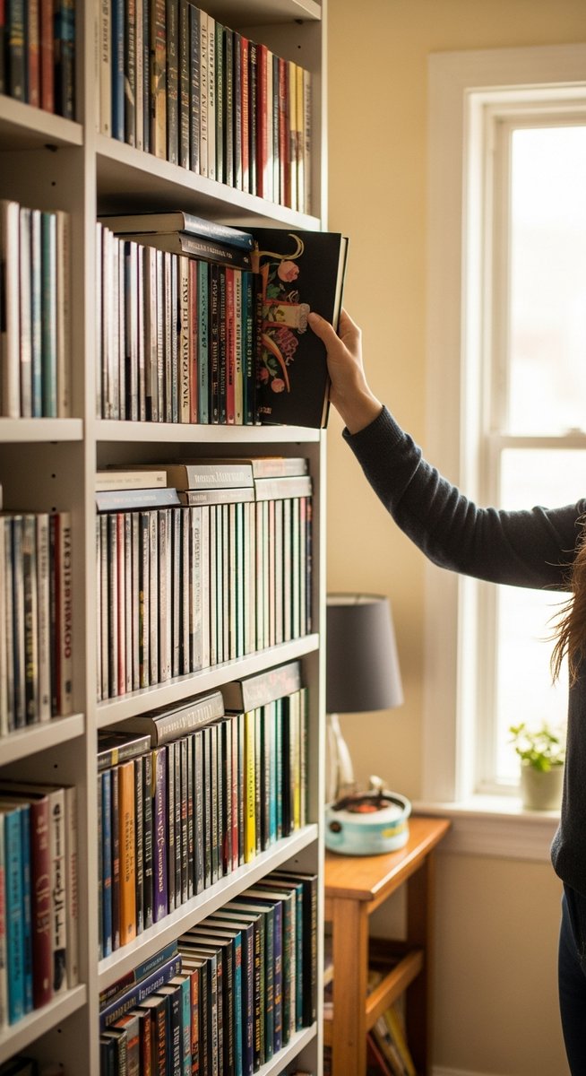 woman's hand pulling a book from a colourful home bookshelf