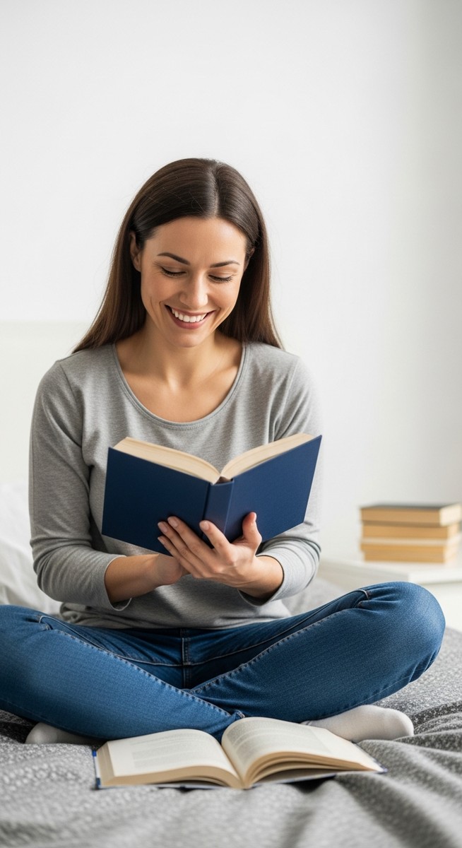 woman reading a book contentedly on her bed