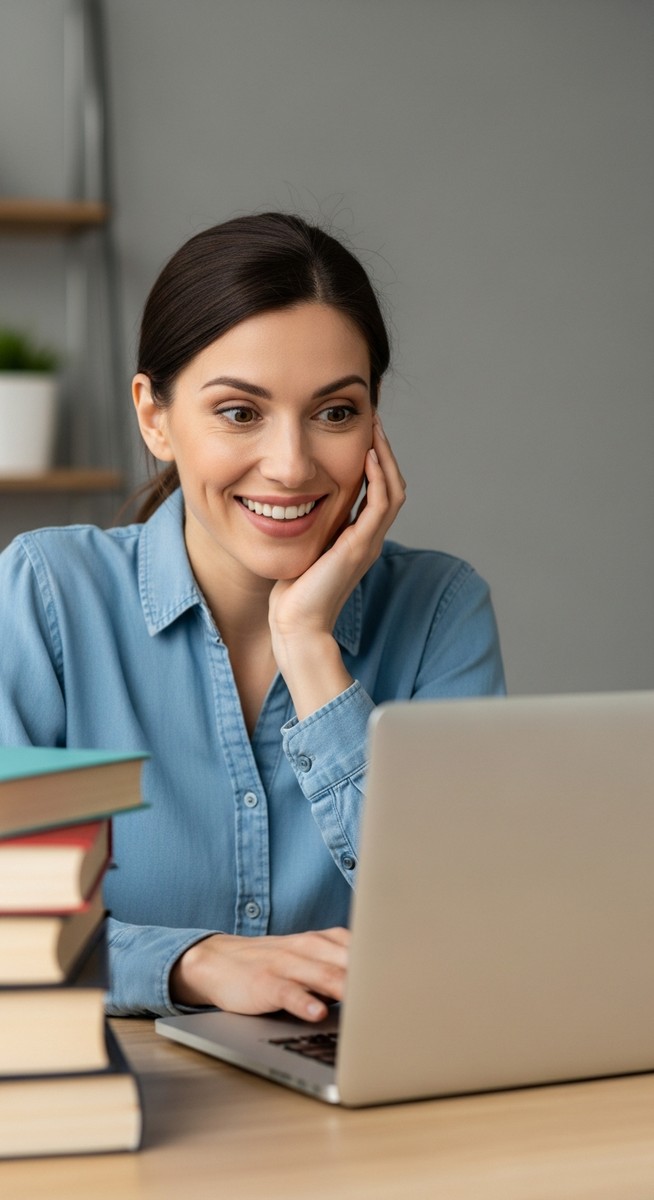 woman browsing for free books on her laptop at a desk