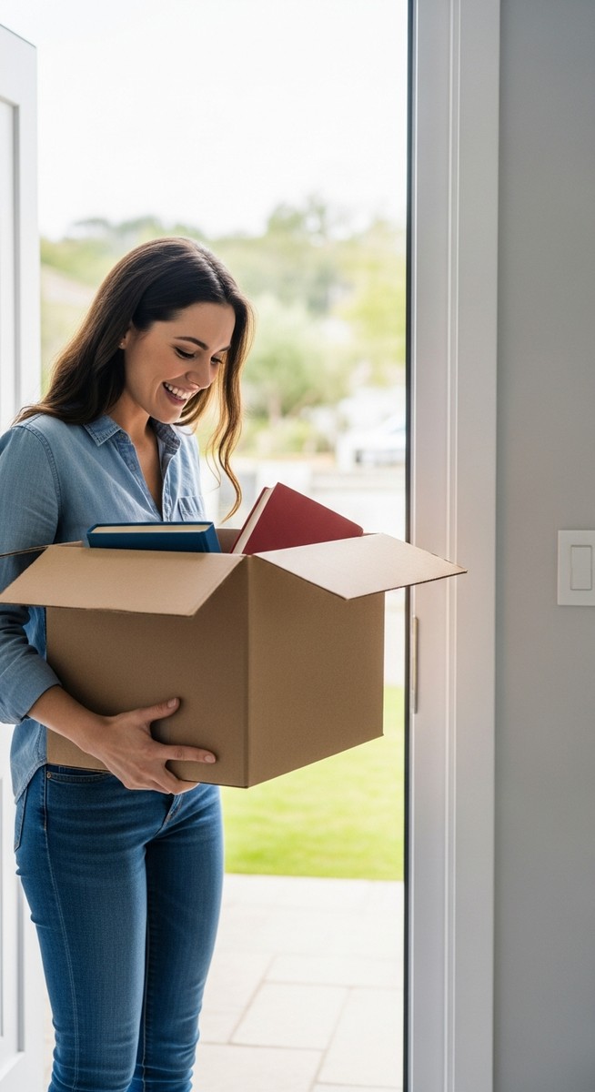 woman excitedly opening a delivery box of books at her door