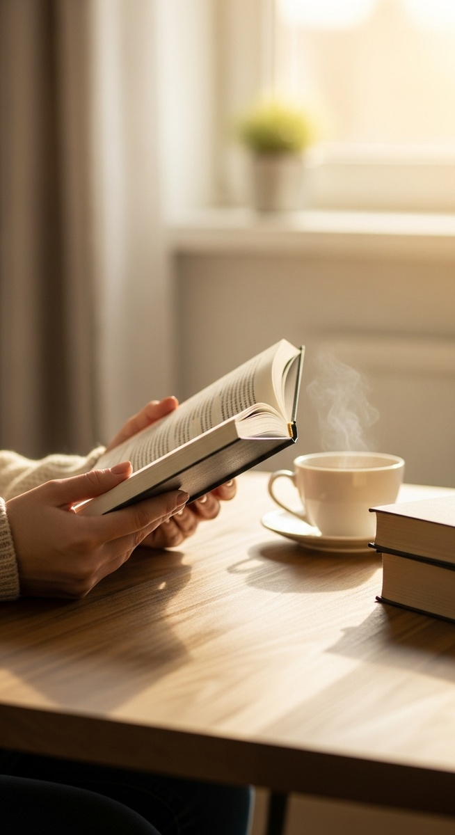 woman's hands holding an open book next to a cup of tea
