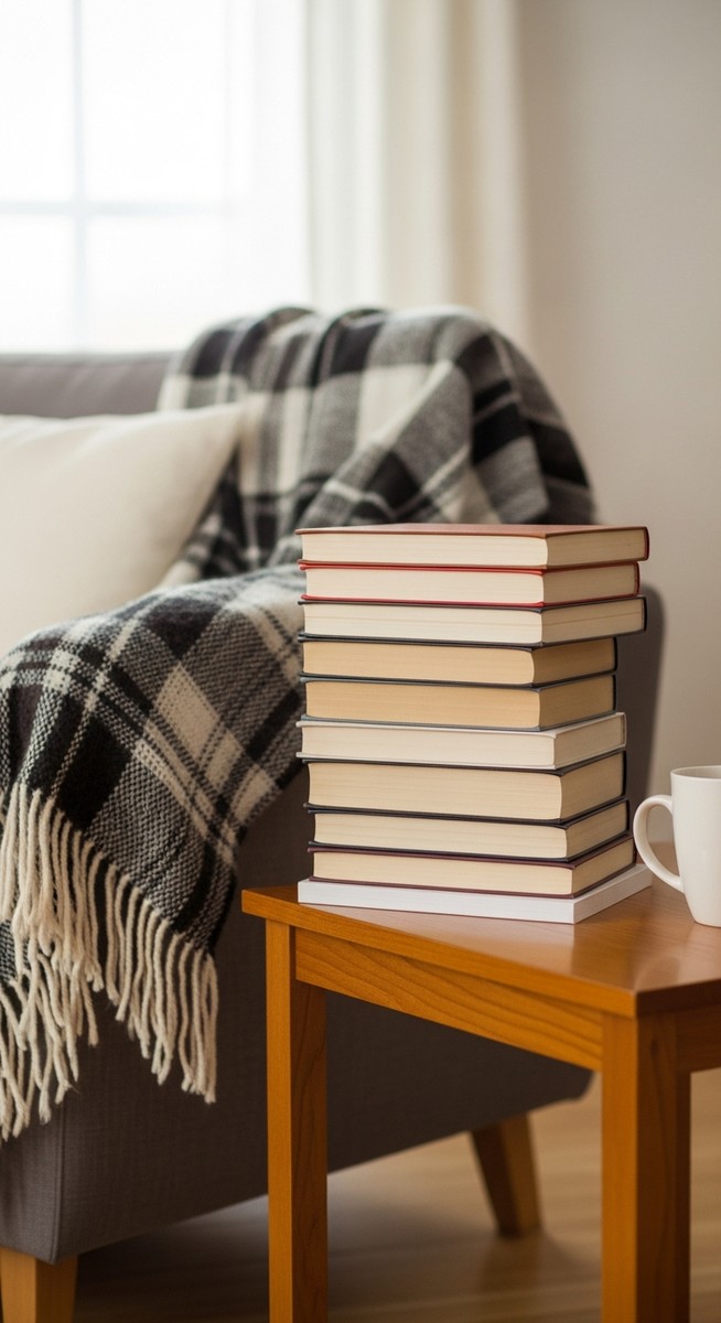 stack of books on a side table with tea in a cosy living room