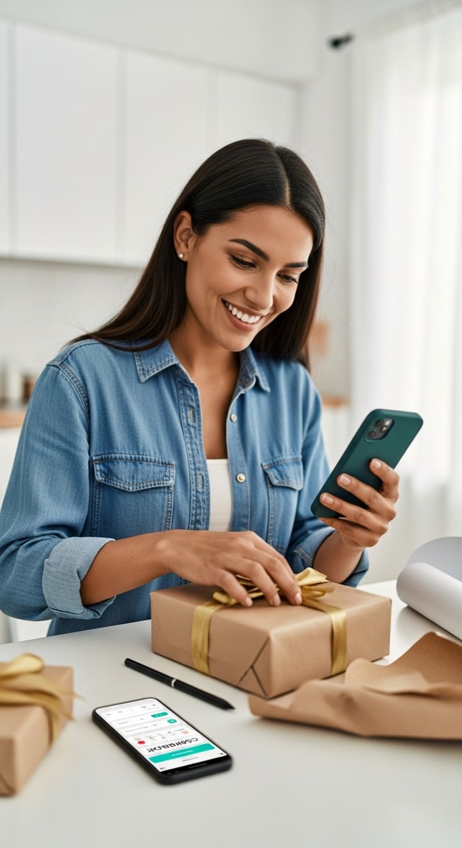 woman wrapping a gift while checking a deals app on her phone at a kitchen table