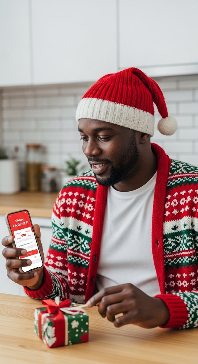 a man checking a cashback app on his phone with a wrapped Christmas gift on the table for the holidays