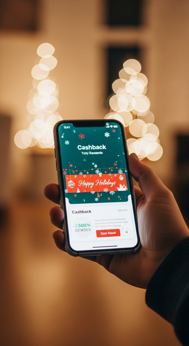 a hand holding a smartphone showing a cashback app with Christmas lights blurred in the background for the holidays