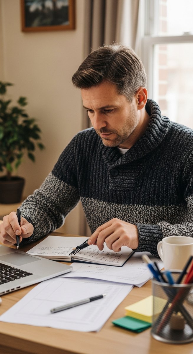 man planning a Christmas budget on a laptop with a notepad at a home desk