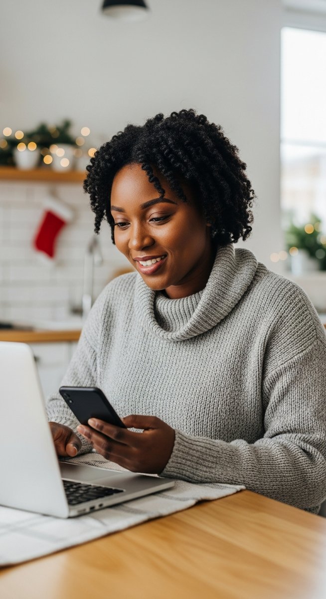 woman reviewing a cashback app on a laptop at a kitchen table with Christmas decorations in the background