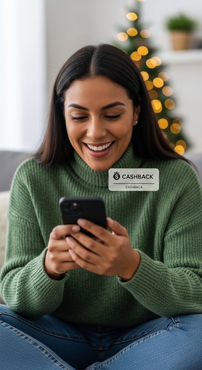 a woman smiling at a cashback notification on her phone on a sofa with Christmas lighting behind her for the holidays