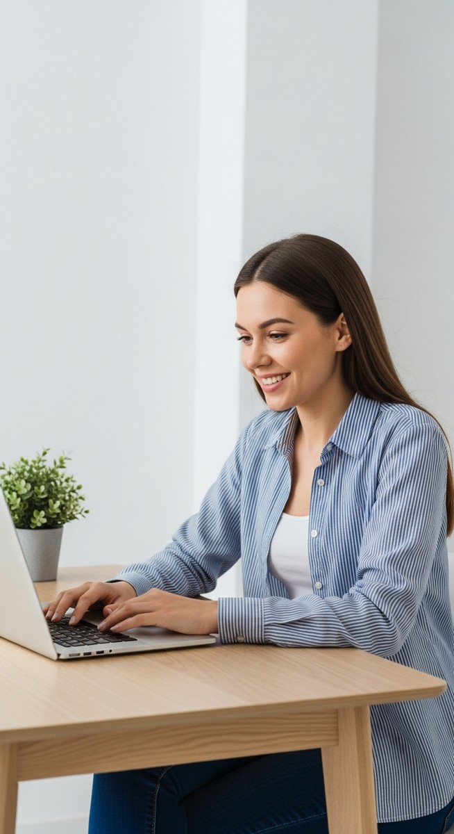 woman looking satisfied at her laptop screen at home
