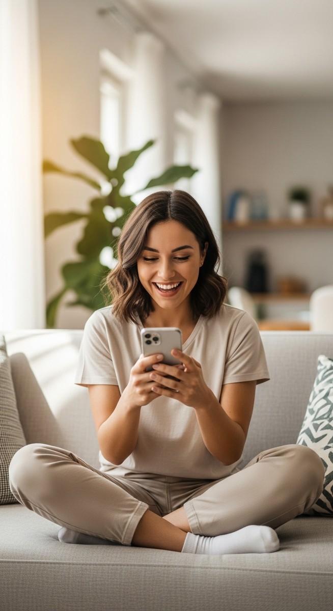 woman smiling at her phone in a bright living room