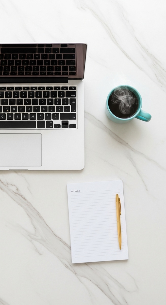 a flatlay of a laptop and teal mug on a marble surface to earn PayPal money