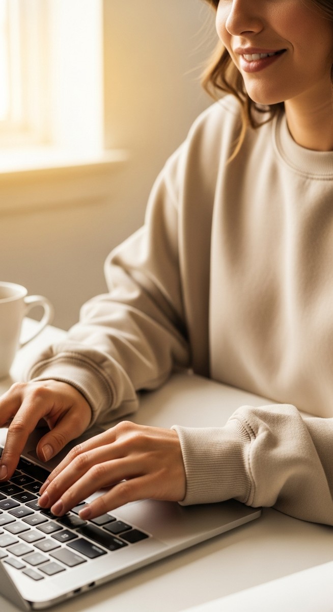 a woman typing on a laptop at a bright clean desk for freelancing